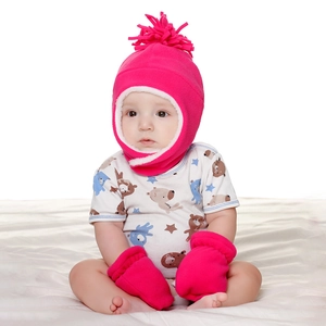 Fuchsia fleece winter hat and mittens set with soft ear flaps and cozy warm lining