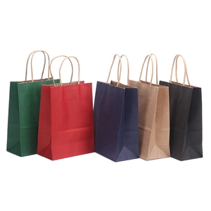 Set of five colorful paper gift bags with twisted handles in green red blue kraft and black