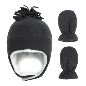 Detail of kids black fleece hat set with warm earflaps and matching mittens