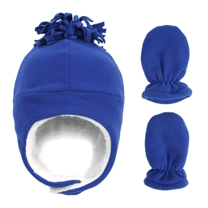 Blue fleece winter hat and gloves set with warm faux fur lining for kids outdoor warmth