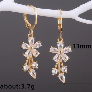Elegant gold flower drop earrings with cubic zirconia stones, length 33mm weight 3.7g