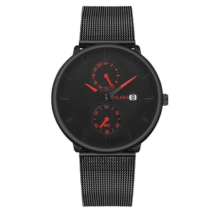 Reloj de cuarzo negro minimalista para hombre con agujas rojas y malla milanesa