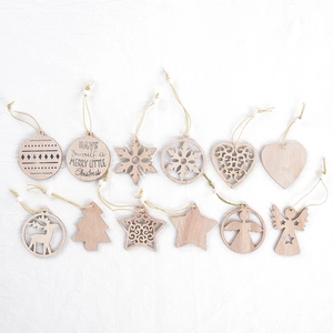Set of 12 natural wood Christmas ornaments with laser-cut snowflake and reindeer designs