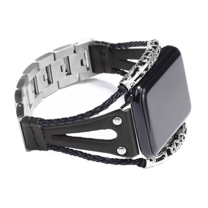 Detailed retro ethnic style black leather strap with engraved silver metal frame for Mi Band