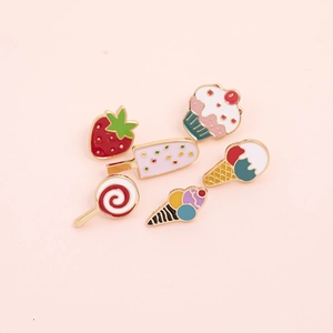 Set of 6 colorful enamel pins featuring summer strawberry and ice cream dessert shapes
