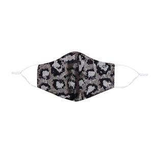 Close-up of leopard sequin mask with adjustable white ear loops on white background