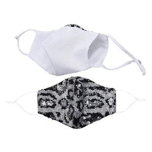 Fashionable leopard sequin face mask with adjustable ear loops in black and silver