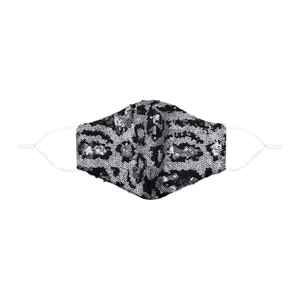 Detail of silver leopard sequin face mask featuring adjustable elastic ear loops