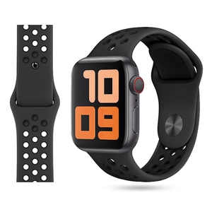 Close-up of black smart watch with breathable silicone sport band on white background
