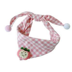 Pink and white plaid cotton scarf for toddlers with cute strawberry embroidery and pompoms