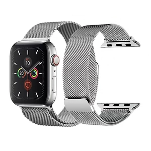 Close-up of silver Milanese loop metal watch band with mesh texture for Apple Watch