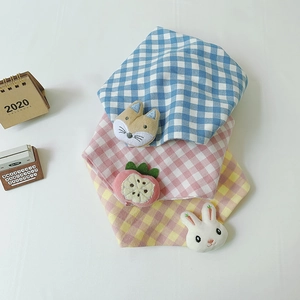 Three-pack cotton plaid triangle scarves with cute plush fox, peach and rabbit charms
