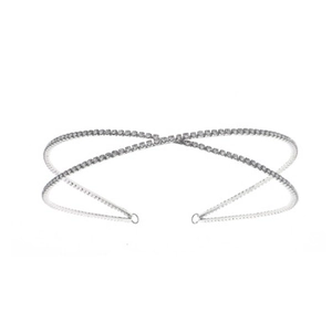 Detail of silver double-strand headband featuring sparkling rhinestones and metal finish