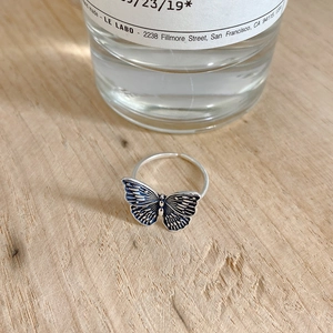 Detailed macro view of the silver butterfly ring with blue enamel wings on wood
