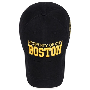 Black cotton baseball cap with yellow Boston embroidery on a clean white background
