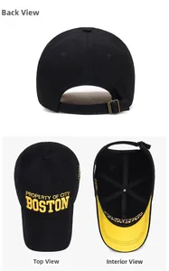 Detail views of black baseball cap with yellow embroidery and adjustable metal buckle