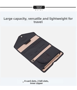 Internal layout of travel passport wallet with 8 card slots and zipper pocket