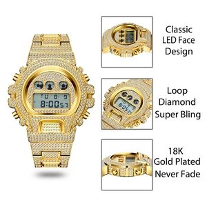 Vues détaillées d'une montre LED plaquée or 18 carats avec lunette sertie de diamants
