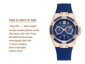 Detail of rose gold watch bezel with 18 lab diamonds and a blue silicone strap