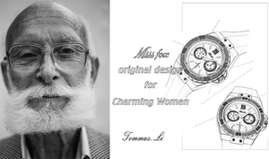 Detailed design sketch of a luxury rhinestone women's watch with a three-eye dial layout