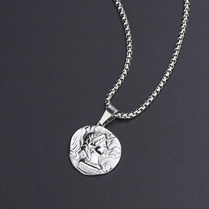 Silver titanium steel coin necklace with vintage Roman portrait pendant on box chain