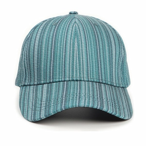 Unisex striped cotton baseball cap featuring blue green and white vertical tie-dye stripes