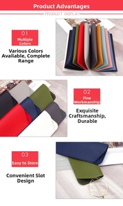 Close-up of multi-color PU leather eyeglass cases with textured finish and stitching