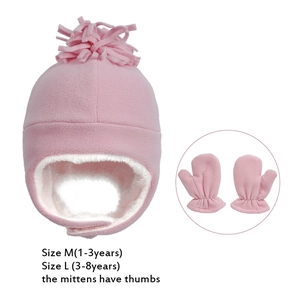 Kids winter fleece hat and mittens set with warm earflaps and pom-pom for toddlers