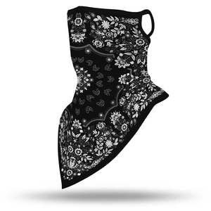 Detail of ear-loop neck gaiter with white floral print on breathable black fabric