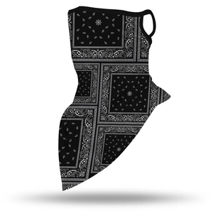 Close-up of black paisley printed neck gaiter with ear loops for outdoor sports