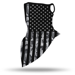 Detail of star-striped neck gaiter with ear loops and camouflage print for outdoor sports