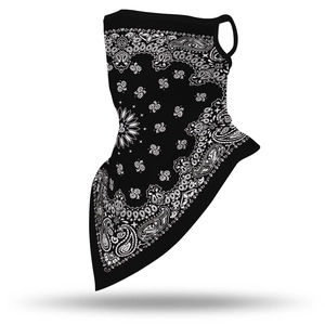 Detail of black paisley ear-loop neck gaiter showing breathable fabric and triangle shape