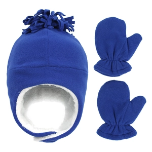 Winter fleece earflap hat and gloves set for kids with warm lining and pom-pom detail