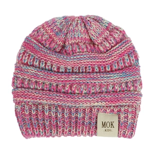 Knitted winter beanie for babies and children in blue and pink yarn with MOK KIDS label