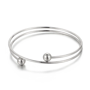 Minimalist silver double-layered stainless steel open bangle with polished bead accents