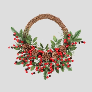 Christmas Wreath Natural Pine Cones Red Berries Simulation Pine Needles Vine Rattan Base Front Door Decor Wall Hanging