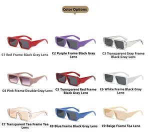 Matrix grid showing nine color options of square frame sunglasses with detailed model labels