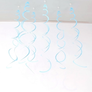 Detail of six light blue PVC ceiling swirl decorations for party and wedding backdrops