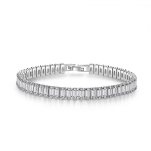 Men's hip hop silver Cuban bracelet with emerald-cut crystals on a white background