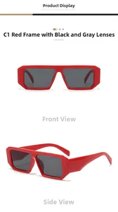 Detail view of red square sunglasses with dark grey lenses in front and side perspectives