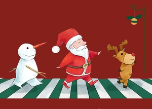 Detail of Christmas curtain buckles featuring Santa Claus Snowman and Reindeer characters