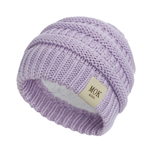 Purple knit baby hat with warm white fleece lining and MOK KIDS tag on a plain background