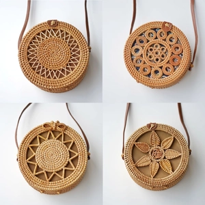 Handmade bohemian round rattan shoulder bags featuring four unique woven patterns