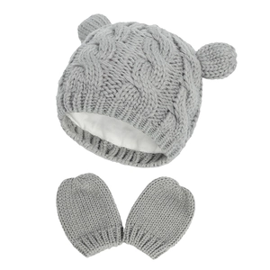 Infant winter knit hat and mittens set in grey with cute bear ears and soft warm lining