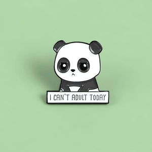 Cute panda enamel brooch with I Can't Adult Today text on a light green background