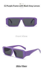 Detail of C2 purple square sunglasses featuring thick frames and dark grey lenses