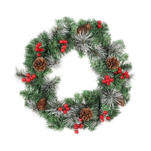 Frosted Christmas pine needle wreath with natural pinecones and red berries on white background