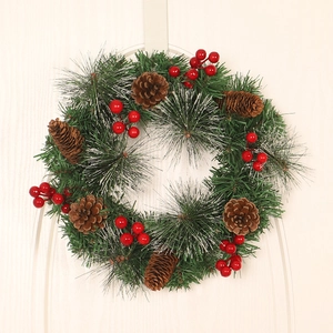 Christmas Wreath With Simulation Pine Needle Natural Pinecone Red Berry White Tipped Snow Effect Festive Door Wall Hanging