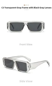 Detail view of transparent grey square sunglasses with dark grey lenses and model number