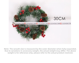 Christmas wreath with white frosted pine needles and cones measuring 30cm in diameter